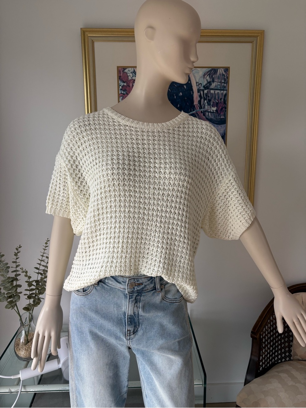 ESQUALO Cream Waffle-Knit Short Sleeve Sweater Top